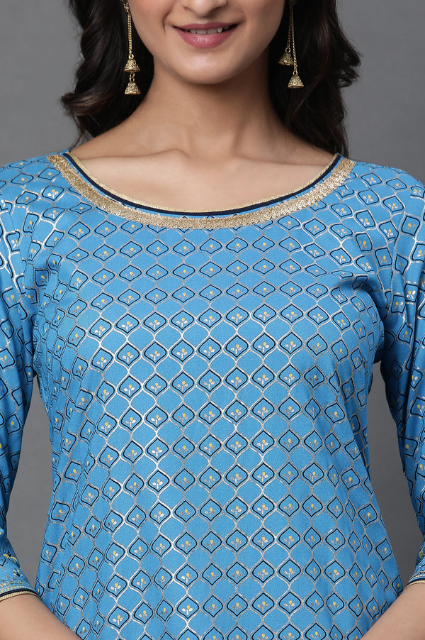 Blue Printed Foil Print Straight Woven Kurta