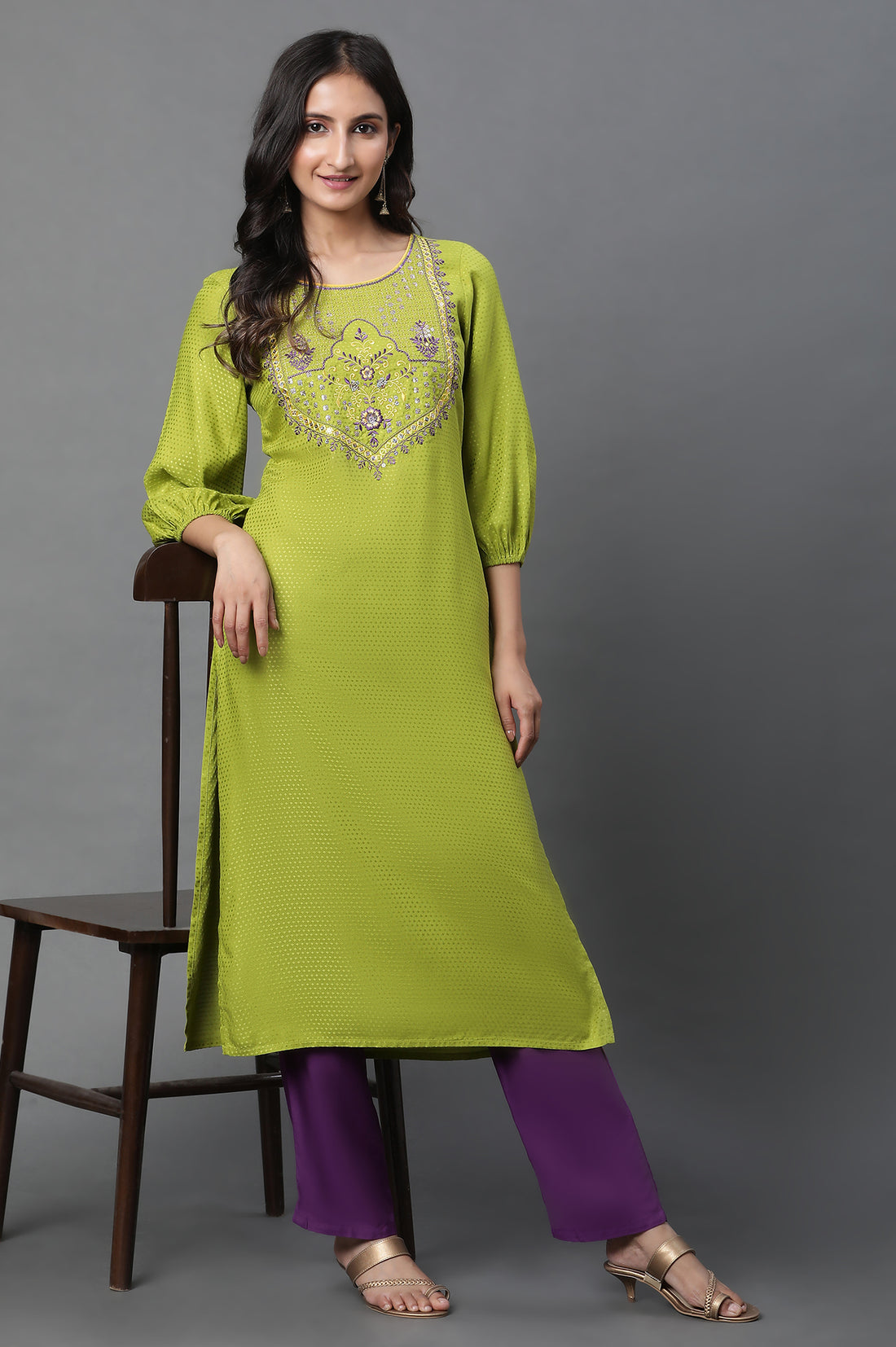 Green Geometric Print Zari Embroidered Straight Rayon Kurta