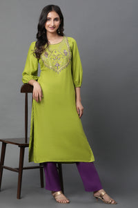 Green Geometric Print Zari Embroidered Straight Rayon Kurta