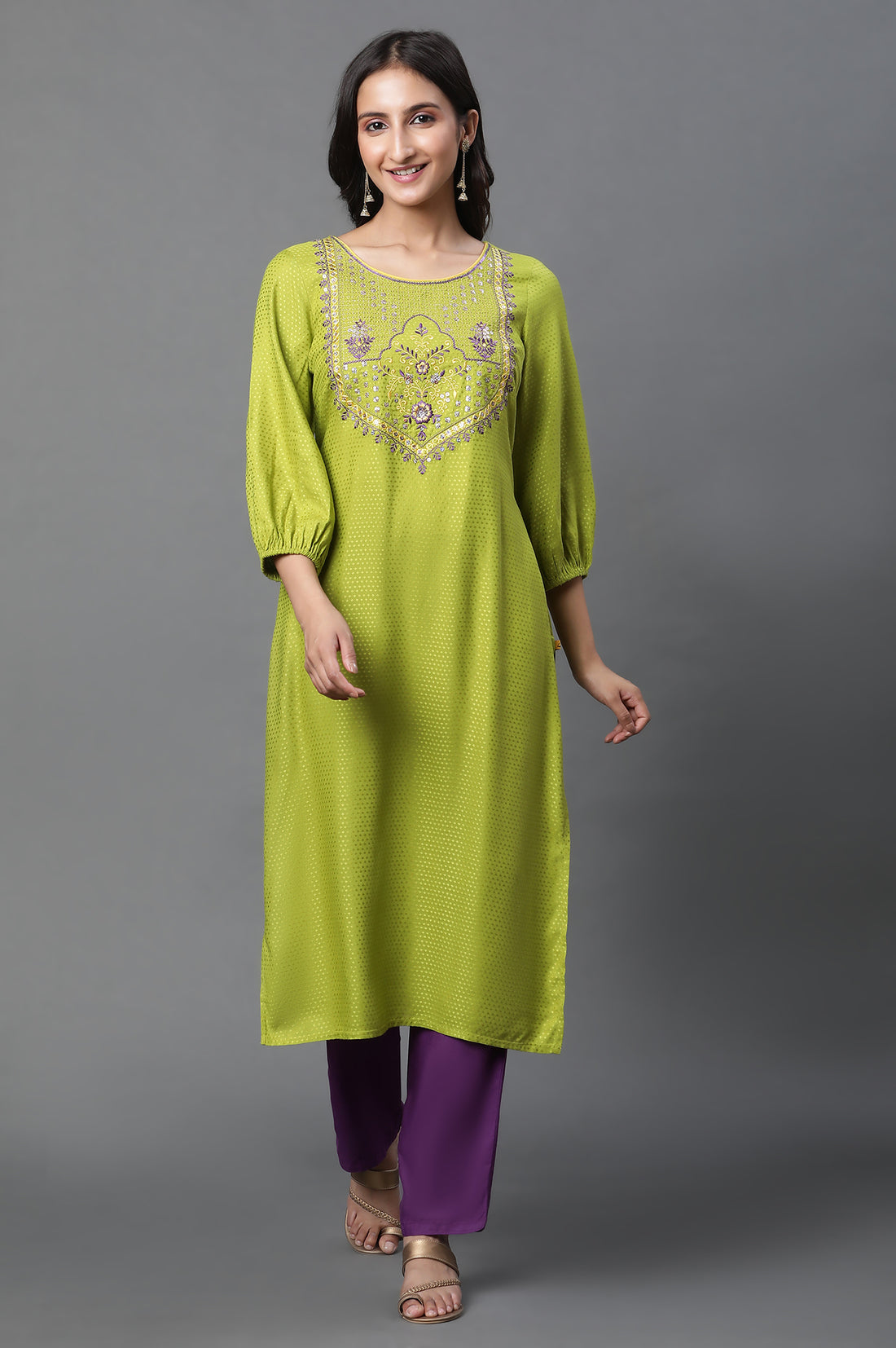 Green Geometric Print Zari Embroidered Straight Rayon Kurta