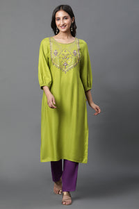 Green Geometric Print Zari Embroidered Straight Rayon Kurta