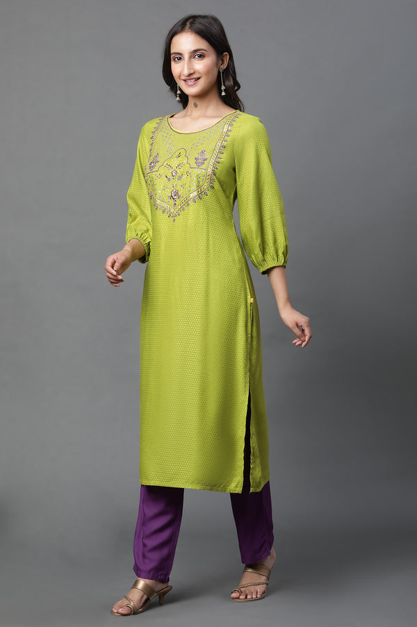Green Geometric Print Zari Embroidered Straight Rayon Kurta