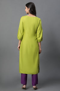 Green Geometric Print Zari Embroidered Straight Rayon Kurta