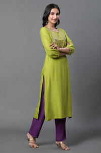 Green Geometric Print Zari Embroidered Straight Rayon Kurta