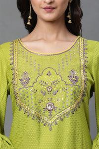 Green Geometric Print Zari Embroidered Straight Rayon Kurta