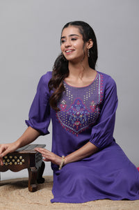 Purple Geometric Print Zari Embroidered Straight Rayon Kurta