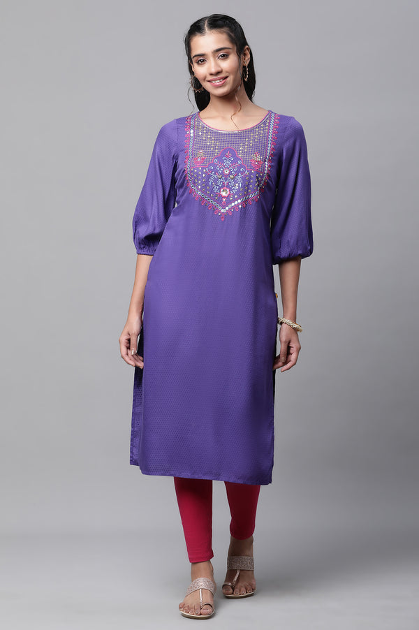 Purple Geometric Print Zari Embroidered Straight Rayon Kurta