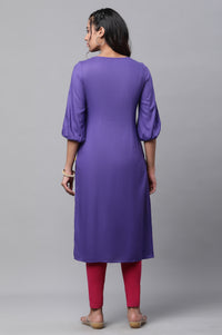 Purple Geometric Print Zari Embroidered Straight Rayon Kurta