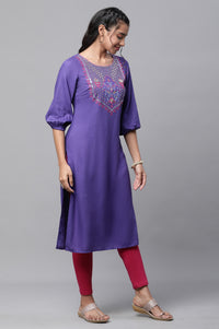 Purple Geometric Print Zari Embroidered Straight Rayon Kurta