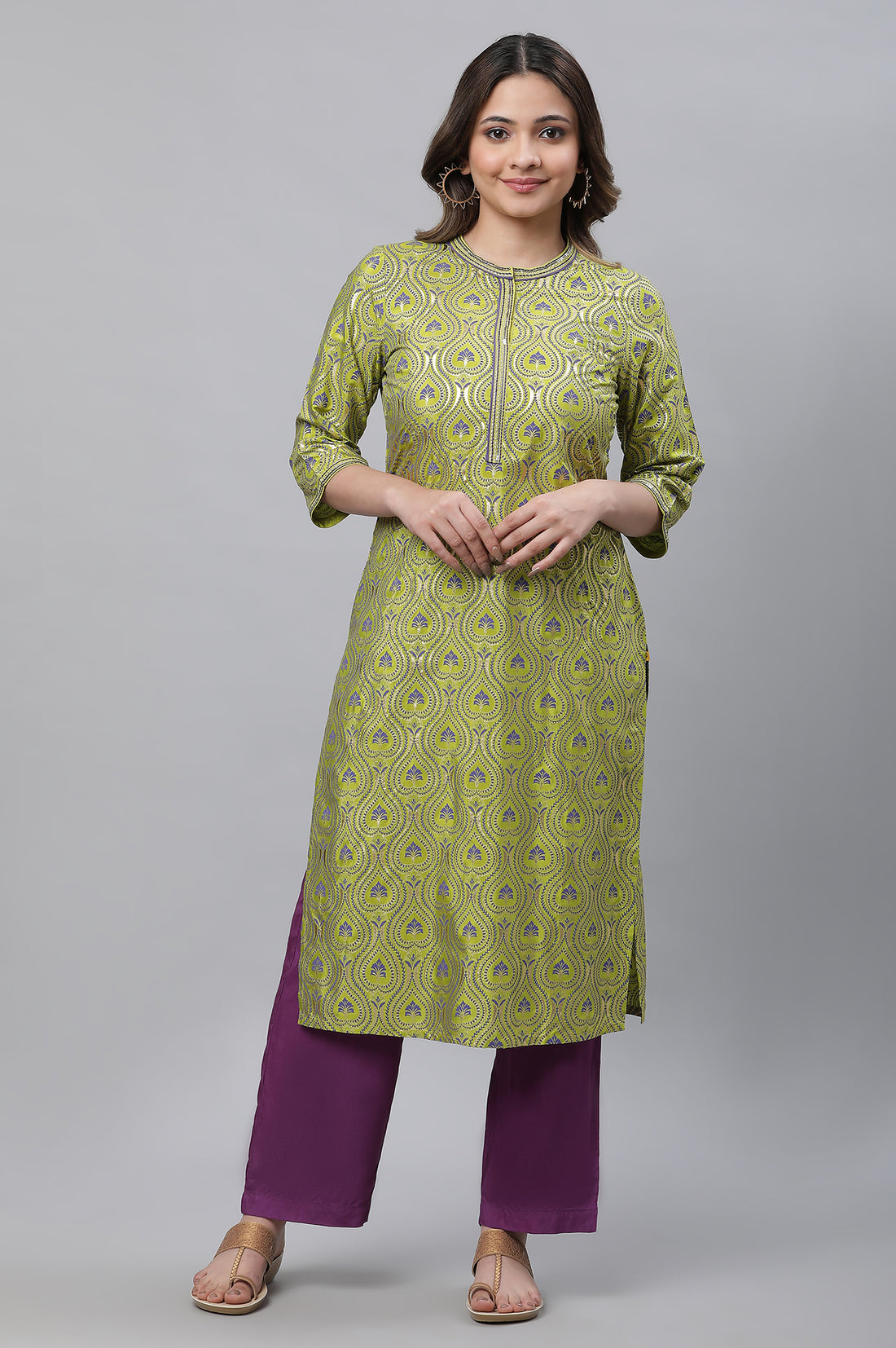 Green Ornamental Floral Print Embroidered Straight Woven Kurta