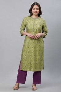 Green Ornamental Floral Print Embroidered Straight Woven Kurta