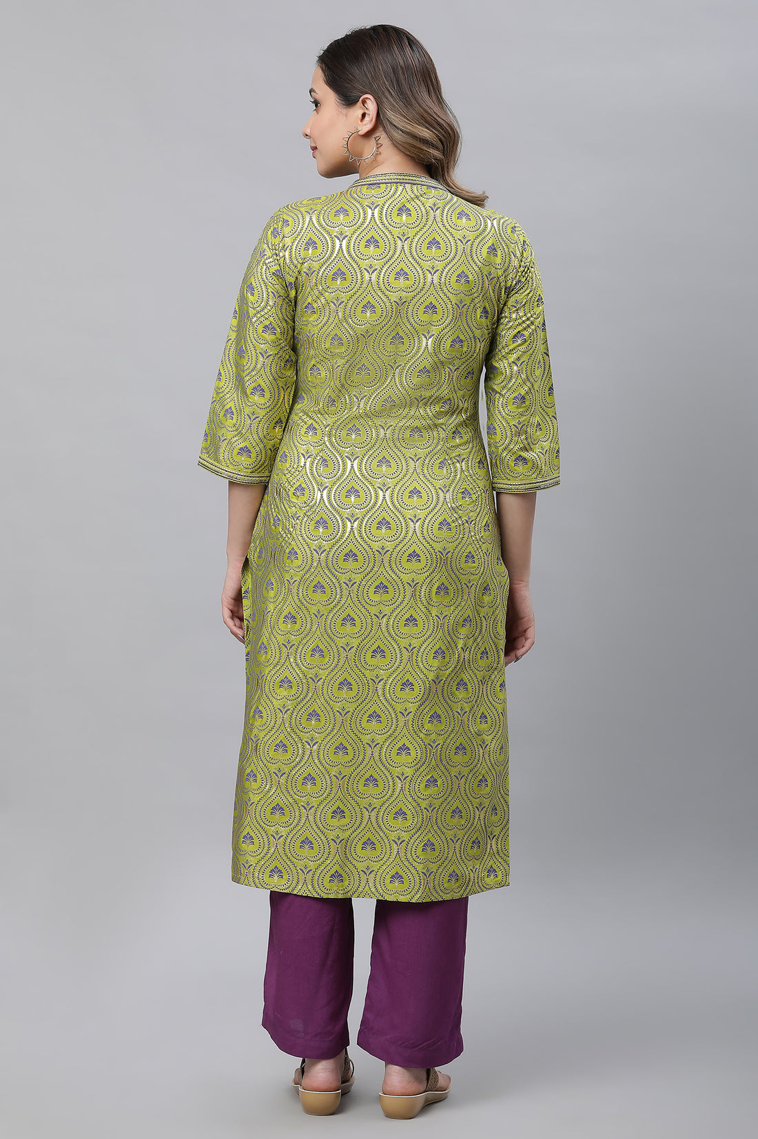 Green Ornamental Floral Print Embroidered Straight Woven Kurta