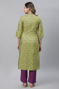 Green Ornamental Floral Print Embroidered Straight Woven Kurta