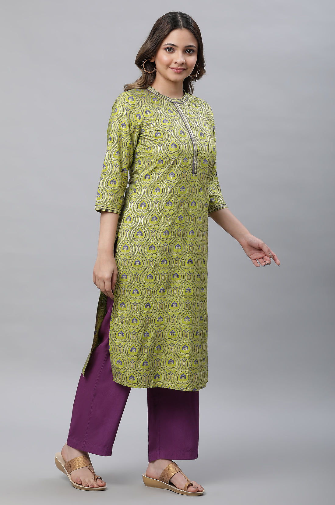 Green Ornamental Floral Print Embroidered Straight Woven Kurta