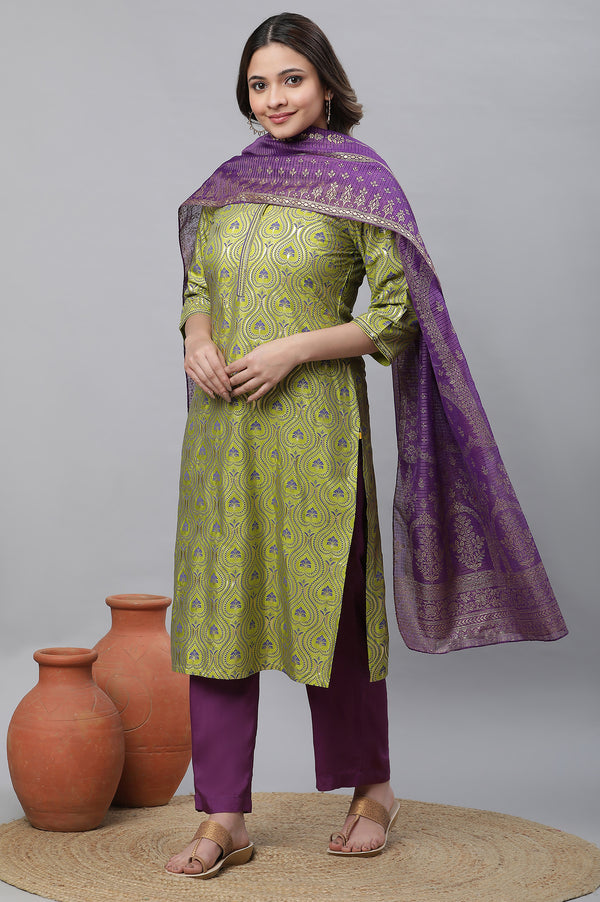 Green Ornamental Floral Print Embroidered Straight Woven Kurta
