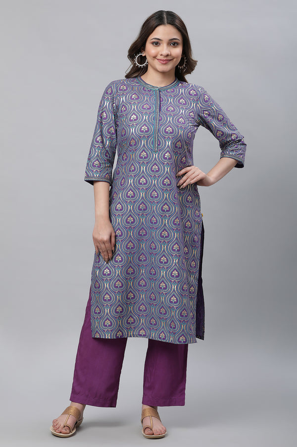 Purple Ornamental Floral Print Embroidered Straight Woven Kurta