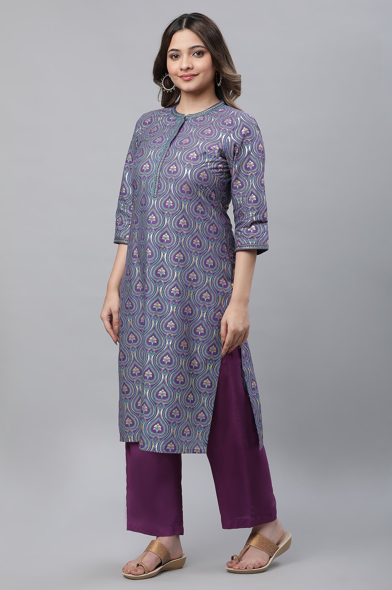 Purple Embroidered Festive Kurta in Floral Print