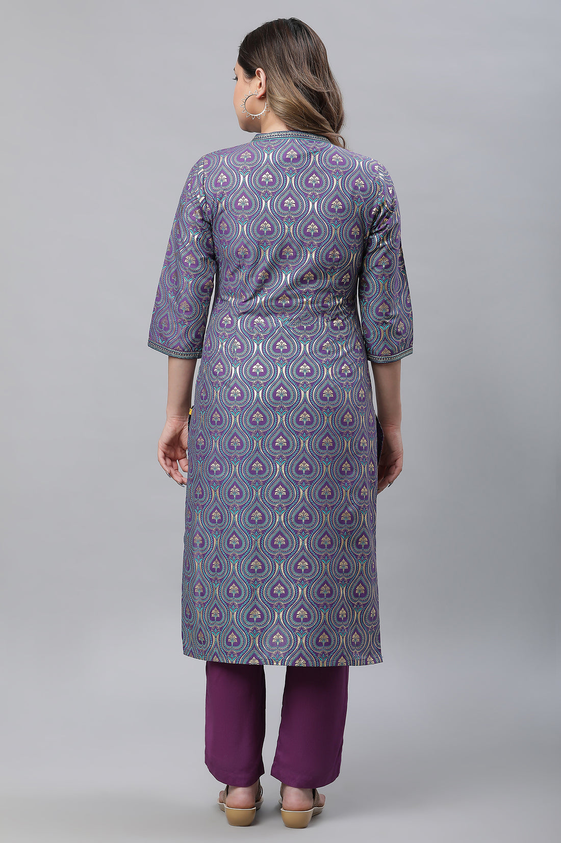 Purple Ornamental Floral Print Embroidered Straight Woven Kurta