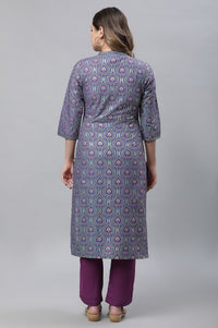 Purple Ornamental Floral Print Embroidered Straight Woven Kurta