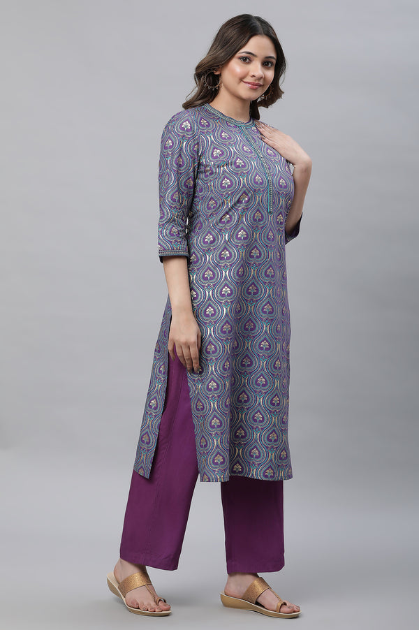 Purple Ornamental Floral Print Embroidered Straight Woven Kurta