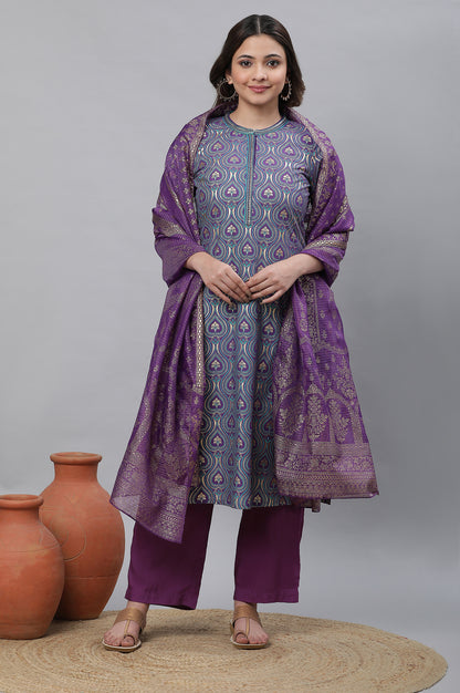 Purple Embroidered Festive Kurta in Floral Print