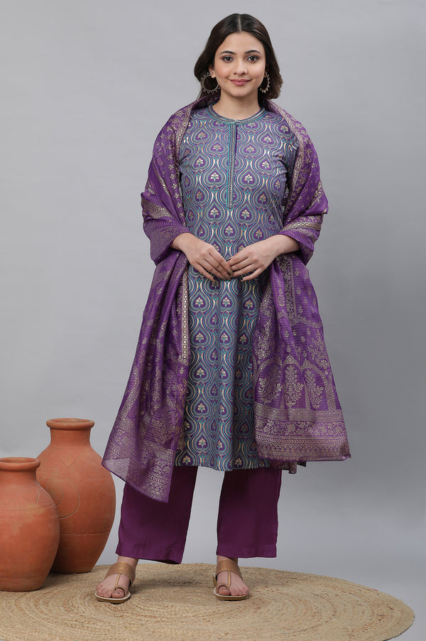 Purple Ornamental Floral Print Embroidered Straight Woven Kurta