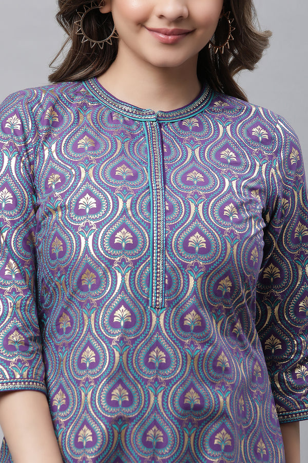 Purple Ornamental Floral Print Embroidered Straight Woven Kurta