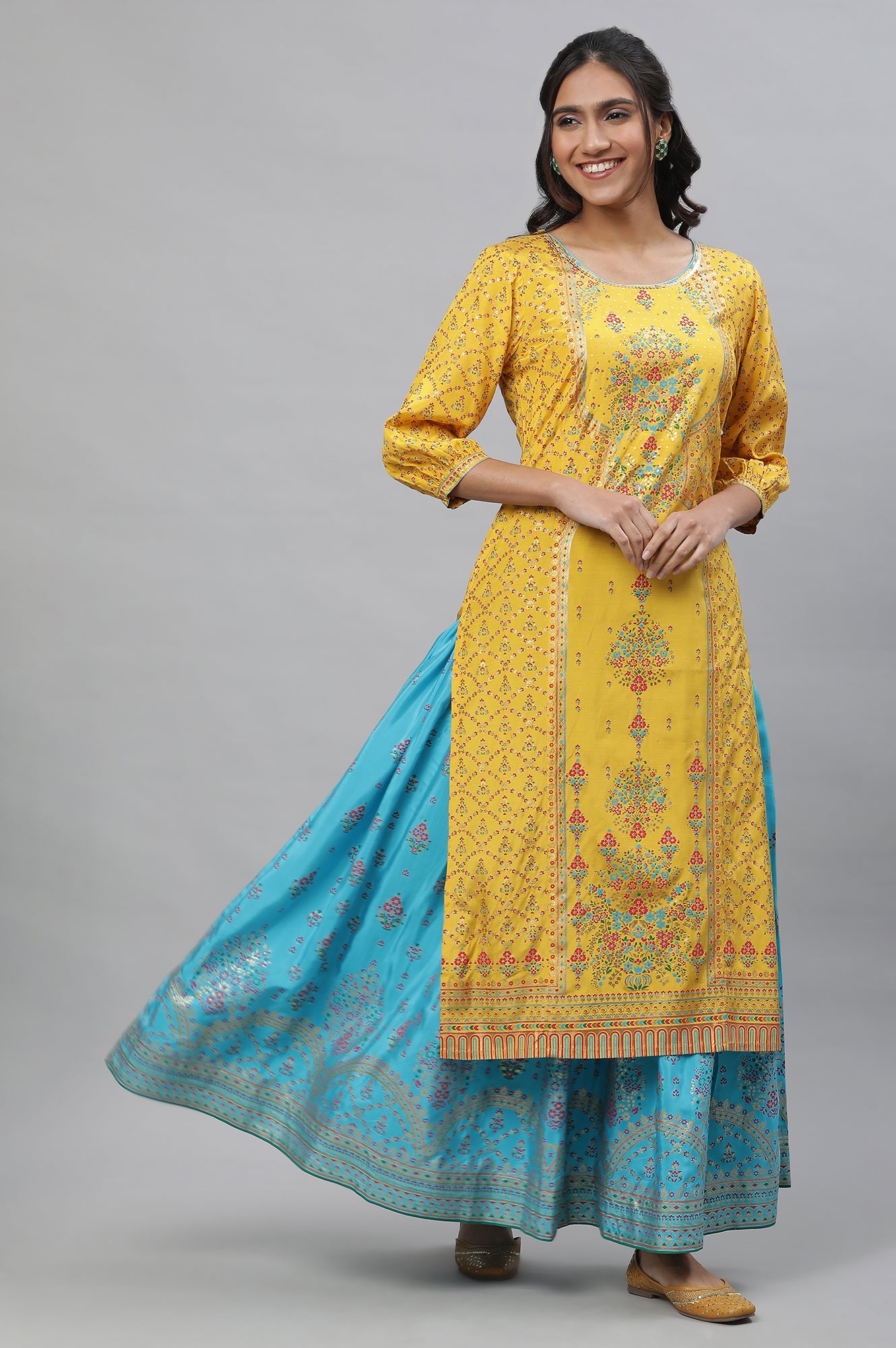 Yellow Foil Printed Embellished Festive Kurta