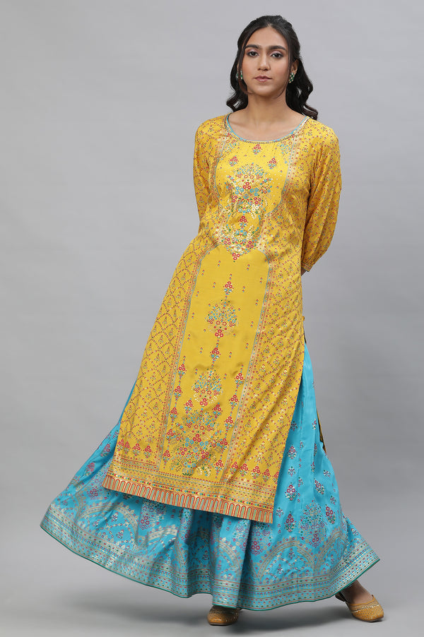 Yellow Foil Printed Embellished Festive Kurta