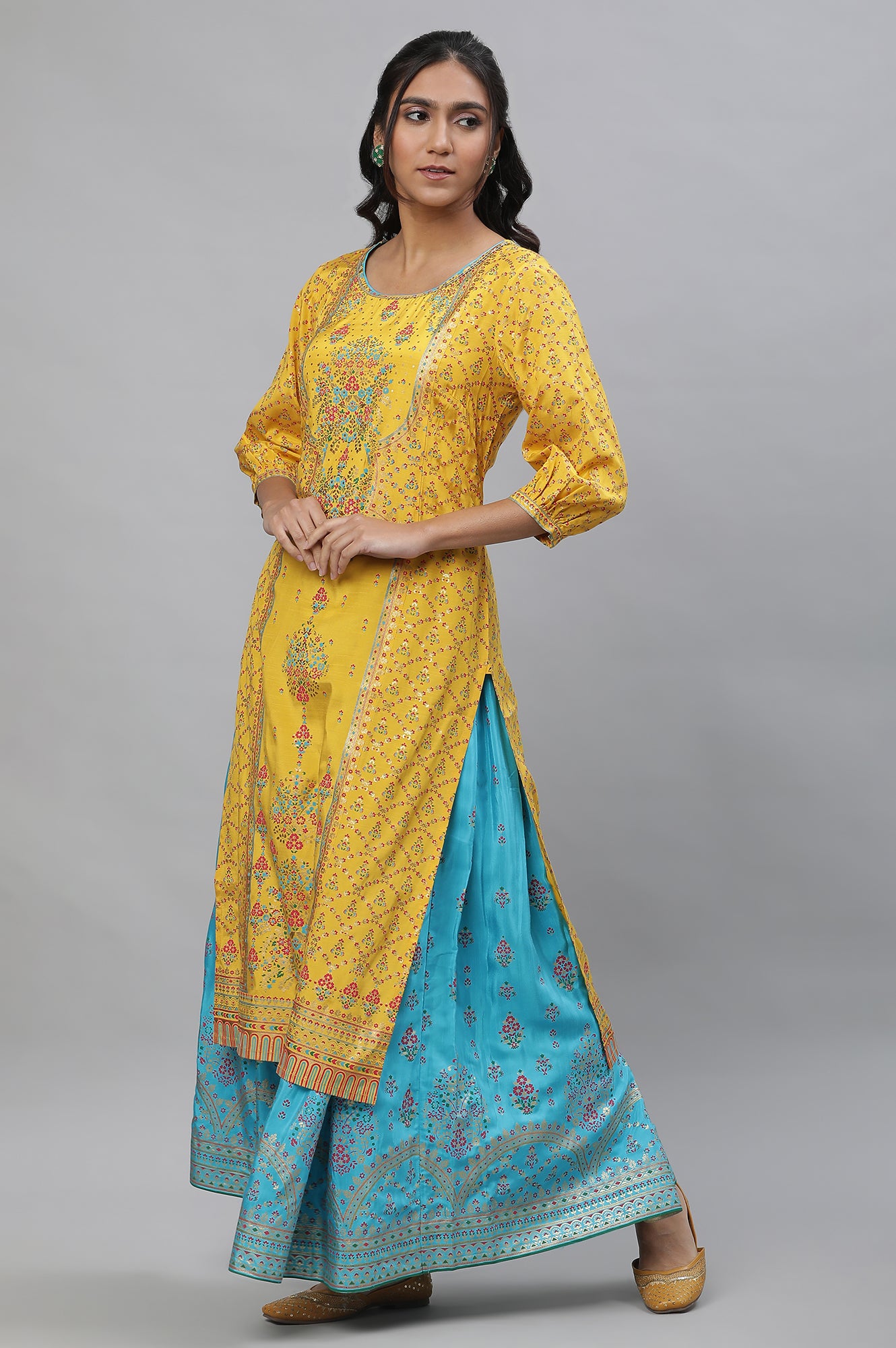 Yellow Foil Printed Embellished Festive Kurta