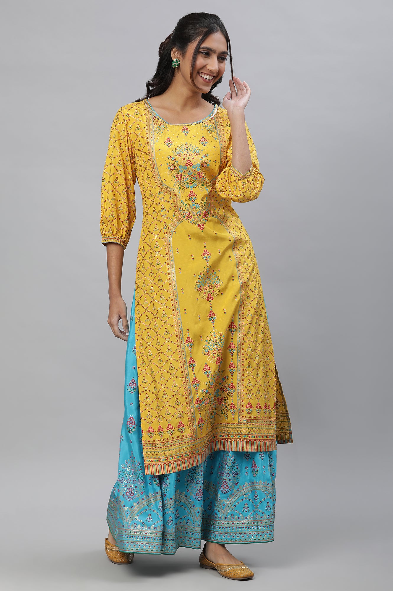 Yellow Foil Printed Embellished Festive Kurta