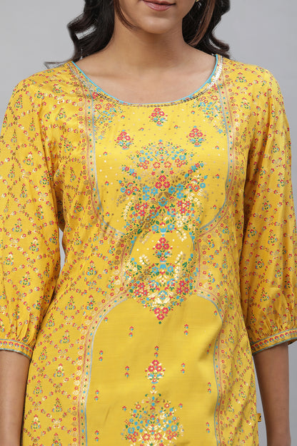 Yellow Foil Printed Embellished Festive Kurta