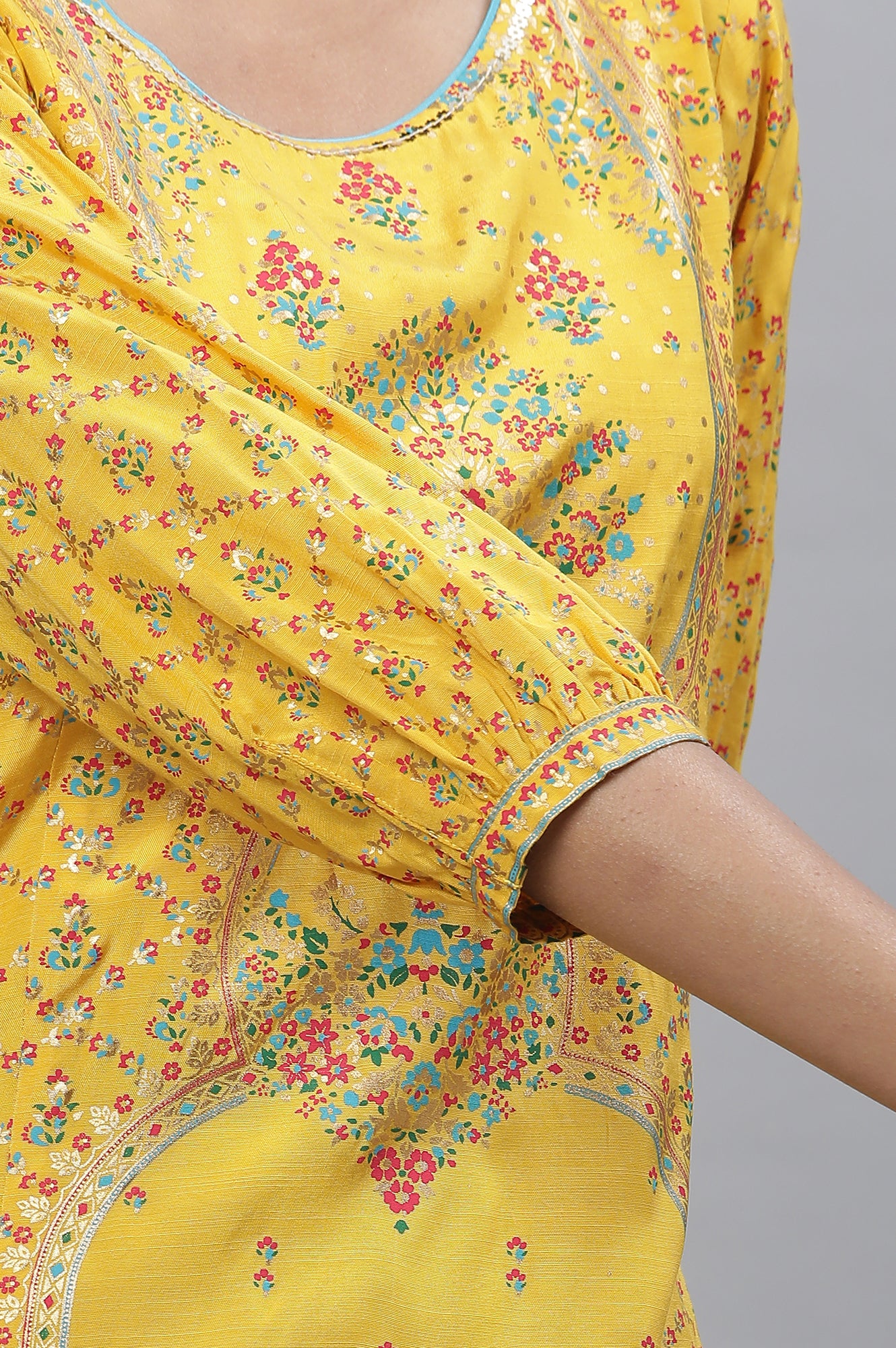 Yellow Foil Printed Embellished Festive Kurta