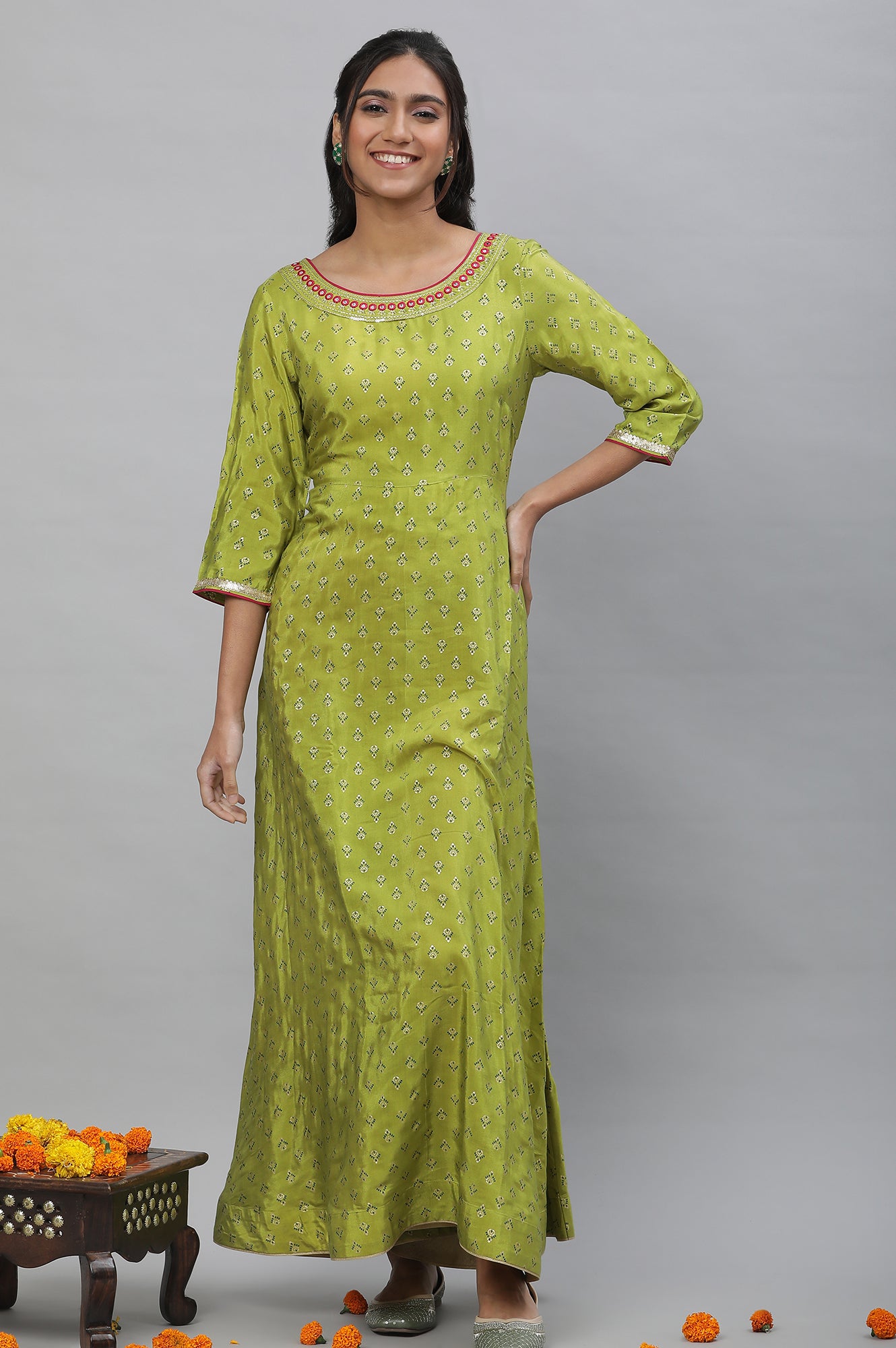 Green Foil Printed Festive Flared Kurta