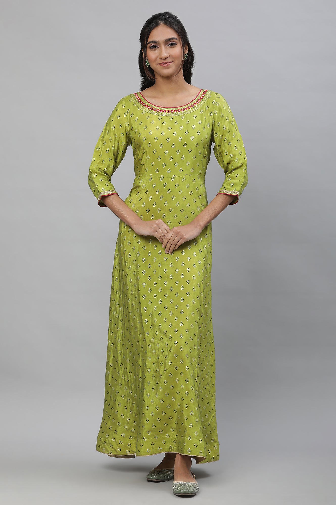 Green Foil Printed Festive Flared Kurta