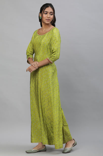 Green Foil Printed Festive Flared Kurta