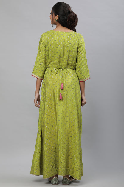 Green Foil Printed Festive Flared Kurta