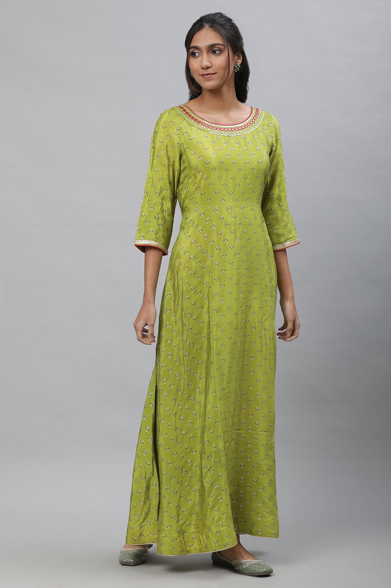 Green Foil Printed Festive Flared Kurta