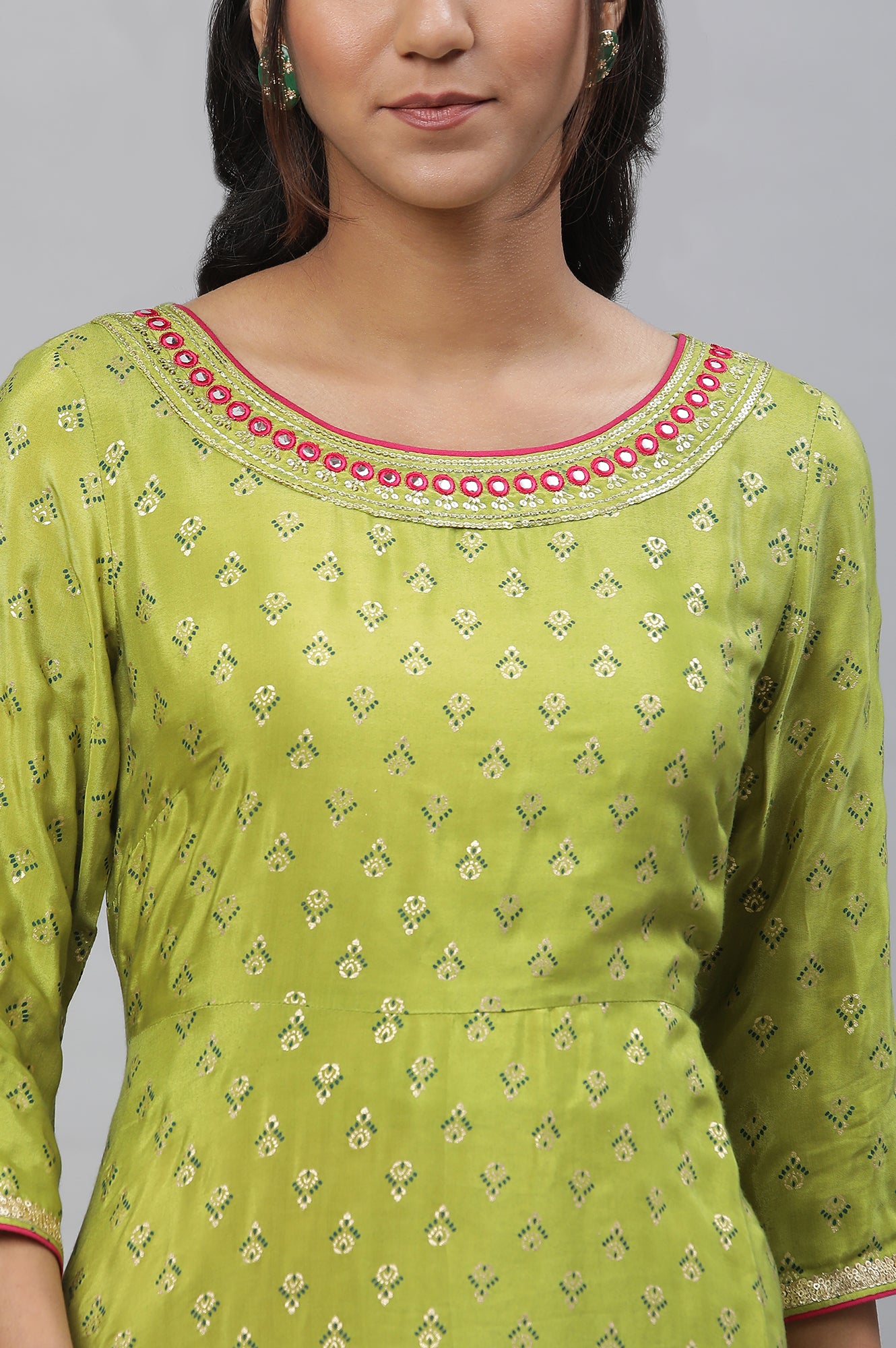 Green Foil Printed Festive Flared Kurta