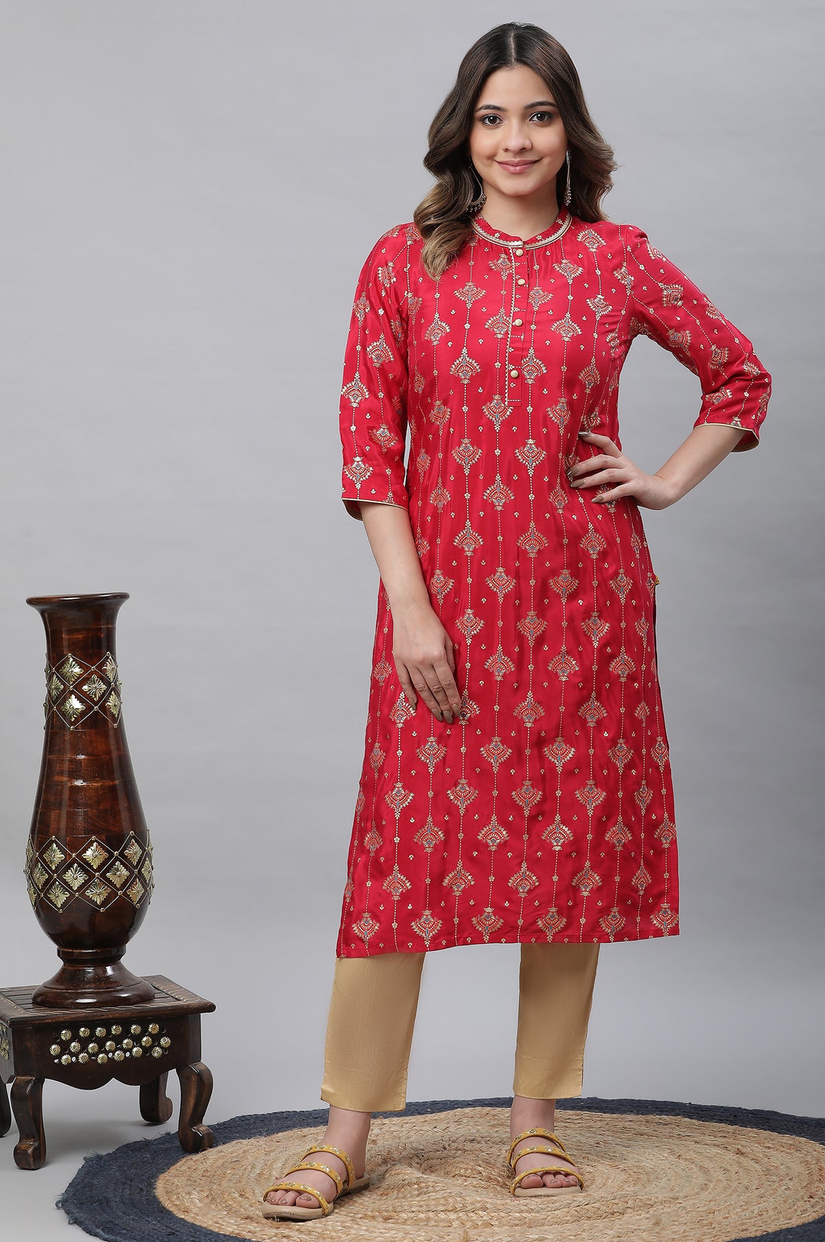 Red Foil Printed Embellished Festive Kurta - XS