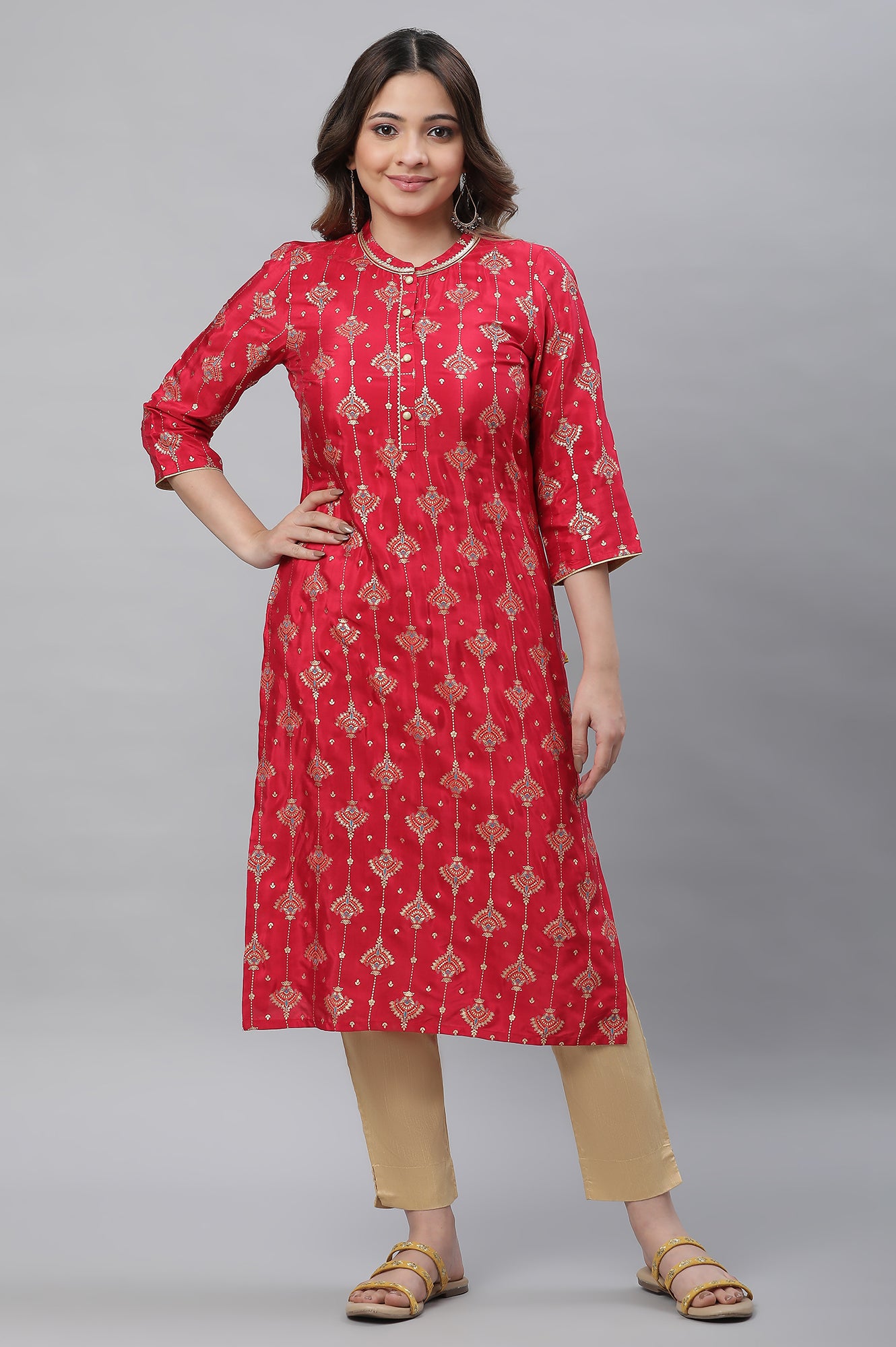 Red Foil Printed Embellished Festive Kurta