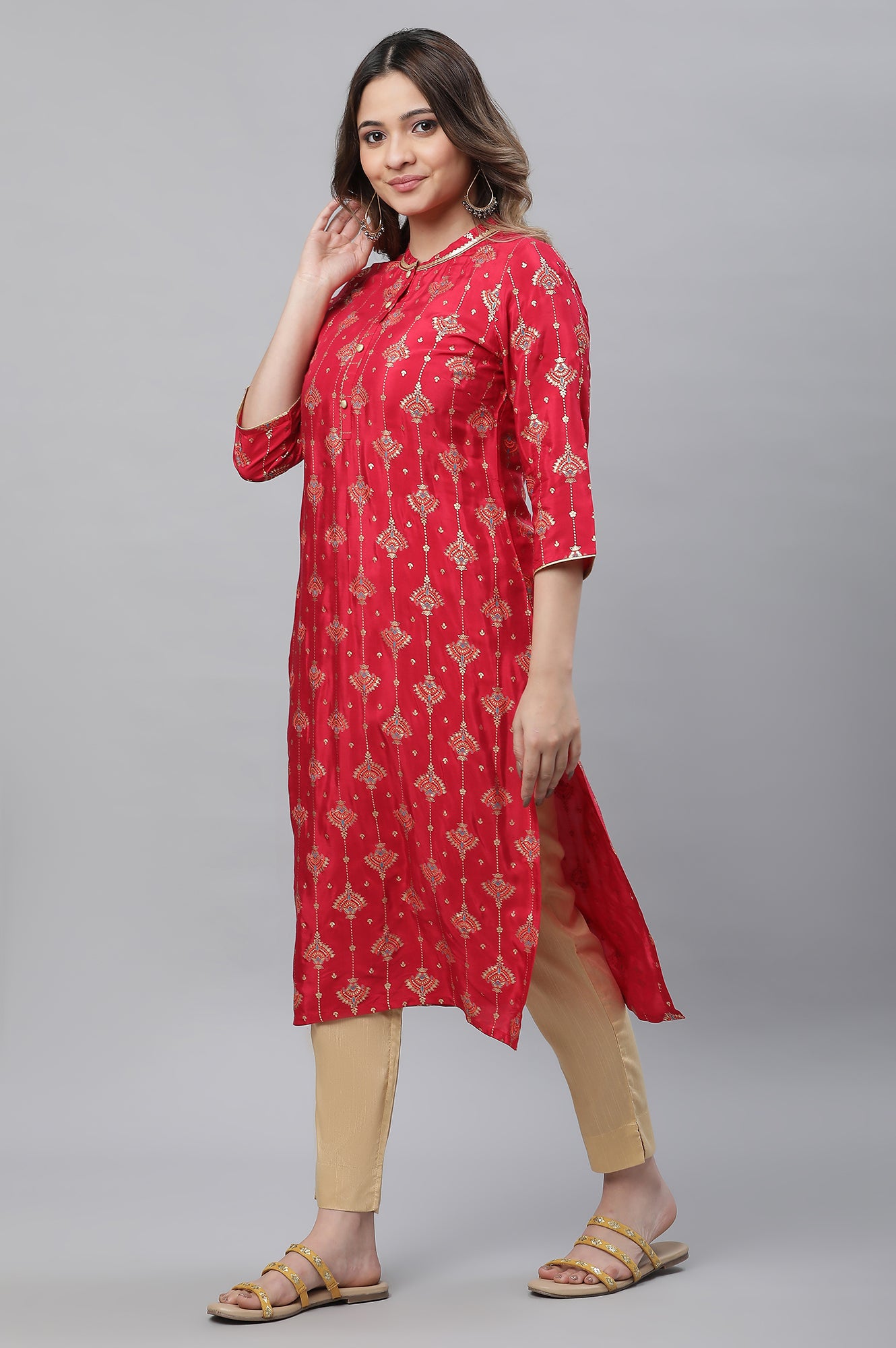 Red Foil Printed Embellished Festive Kurta