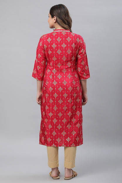 Red Foil Printed Embellished Festive Kurta