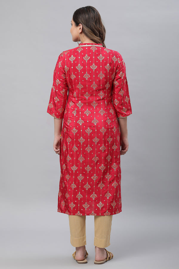 Red Foil Printed Embellished Festive Kurta