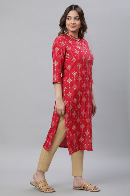 Red Foil Printed Embellished Festive Kurta