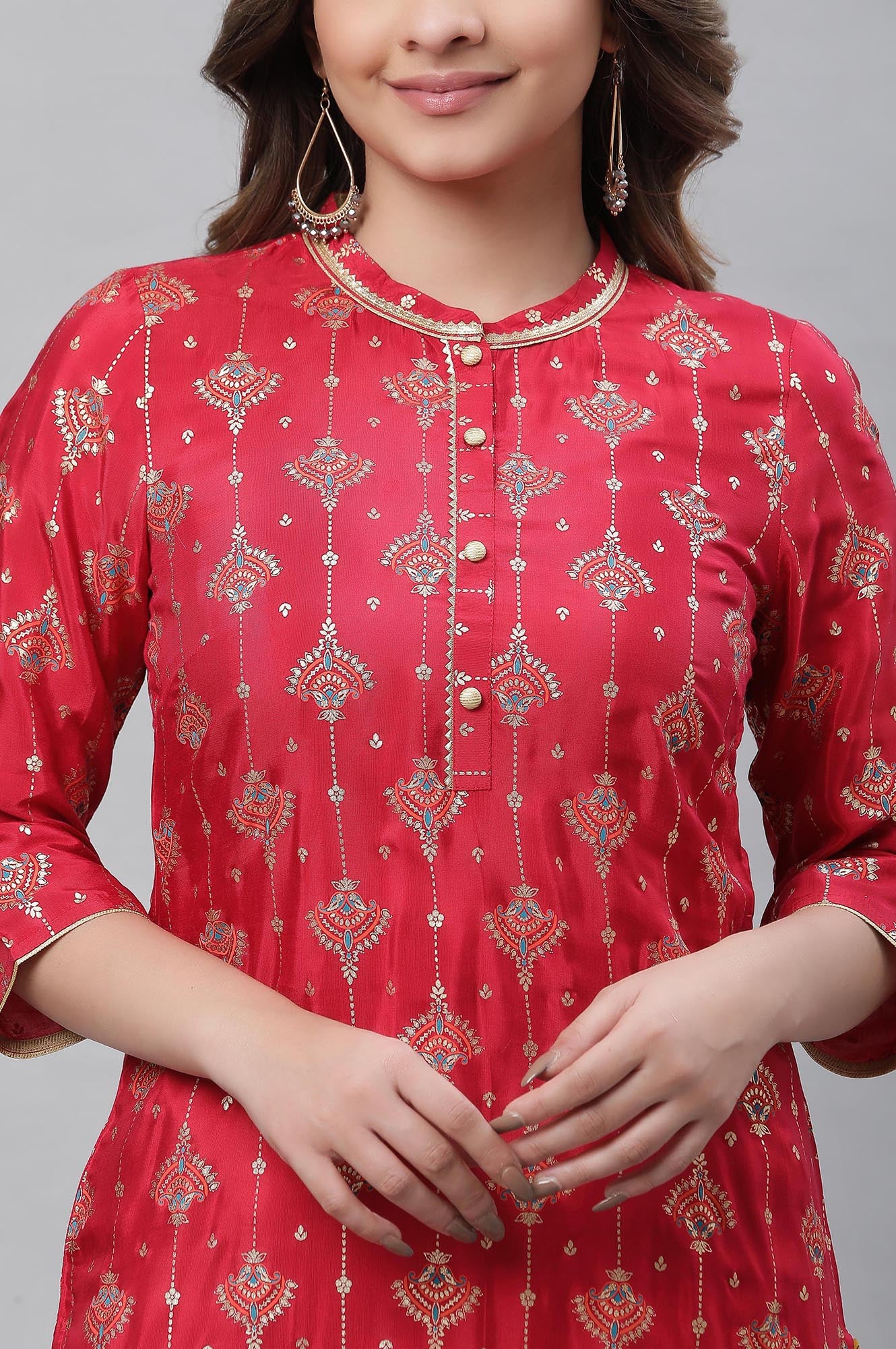 Red Foil Printed Embellished Festive Kurta