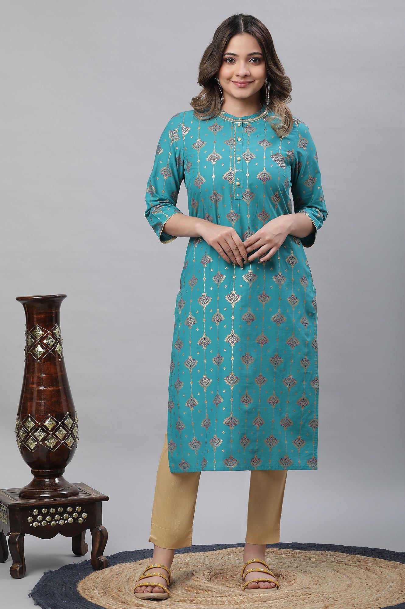 Blue Foil Ornamented Festive Kurta