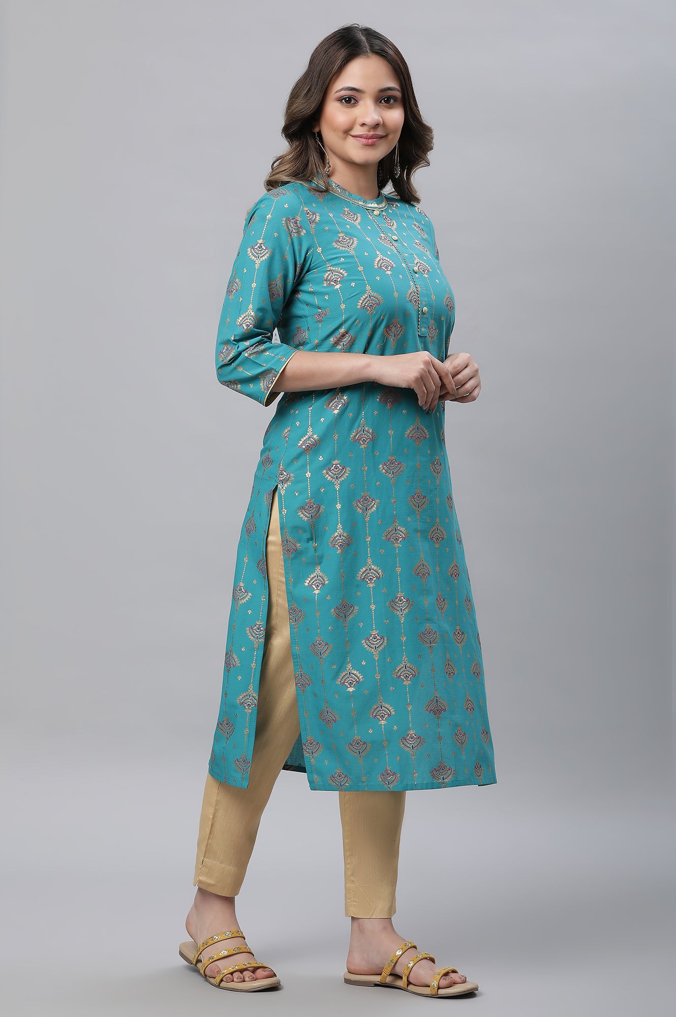 Blue Foil Ornamented Festive Kurta