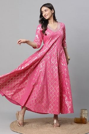 Pink Foil Printed Embroidered Anarkali Dress