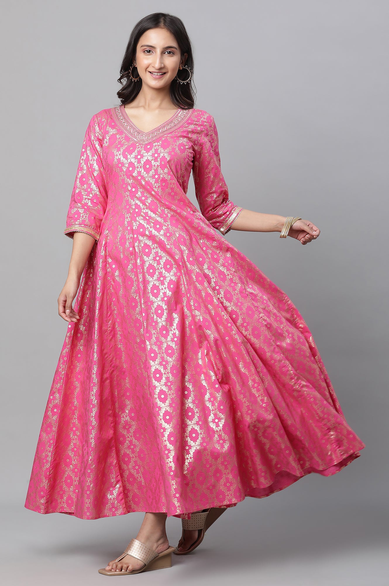 Pink Foil Printed Embroidered Anarkali Dress